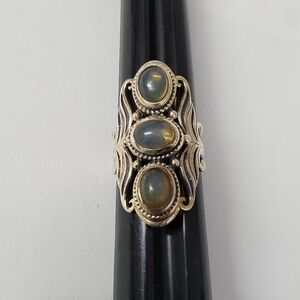 Sterling Silver 925 Triple Opal Ring with Ornate Filigree Design